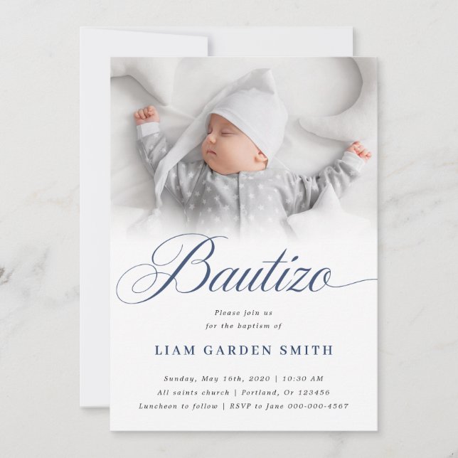 Invitation Conception de photo Bautizo de script blanc serein (Devant)