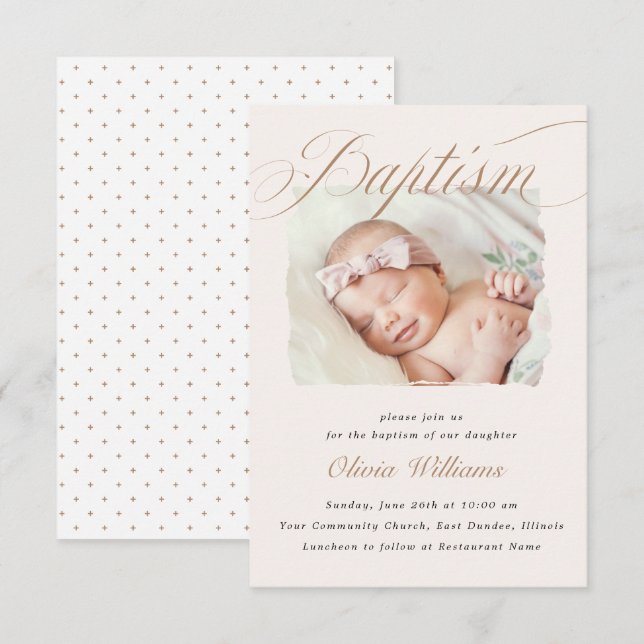 Invitation Conception de photo de baptême Taupe Blush doux (Devant / Derrière)