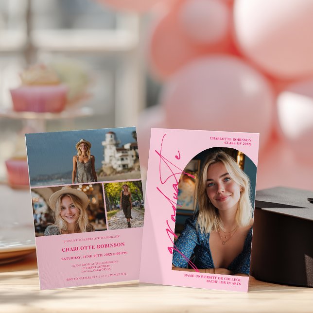 Invitation Conception de photo de remise de diplômes moderne  (Modern Script neon pink graduate photo graduation Invitation)