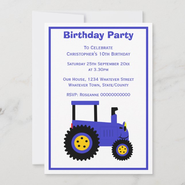 Invitation Conception de tracteur bleu pour une fête d'annive (Devant)