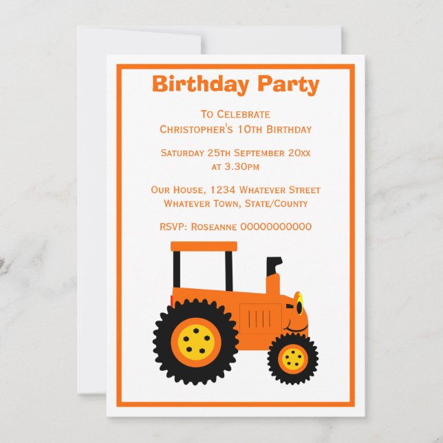 Invitation Conception de tracteur orange pour une fête d'anni (Devant)