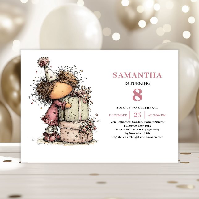 Invitation Conception d'invitation d'anniversaire pour une fi (Cute Whimsy Girl 8th Birthday Invitation Design)