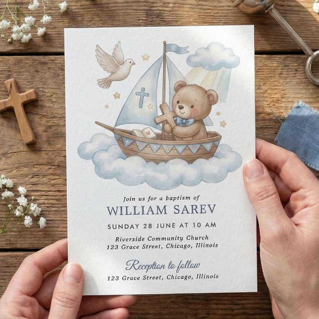 Invitation Conception d'invitation de baptême de voilier ours (Teddy Bear Baptism Invitation with Cross, Boat and Clouds)