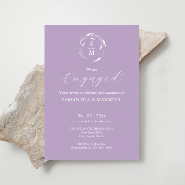 Invitation Conception d'invitation Fiançailles moderne Lavend (Engagement invitations monogram minimalistic lavender line art by Victoria Grigaliunas )
