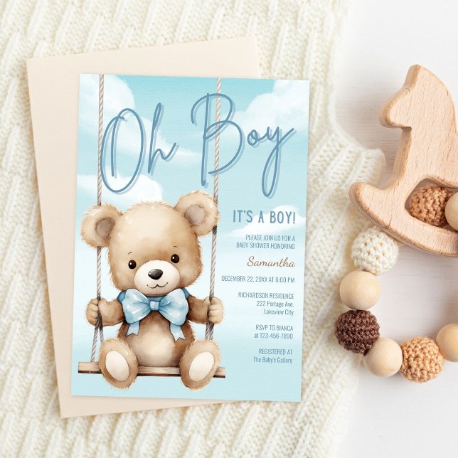 Invitation Conception d'invitation pour une Baby Shower Ourso (Soft teddy bear baby shower invitation with watercolor design and neutral styling)