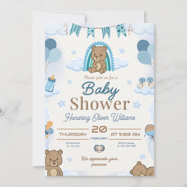 Invitation Conception éditable de Baby Shower Ourson Bleu Mig (Devant)