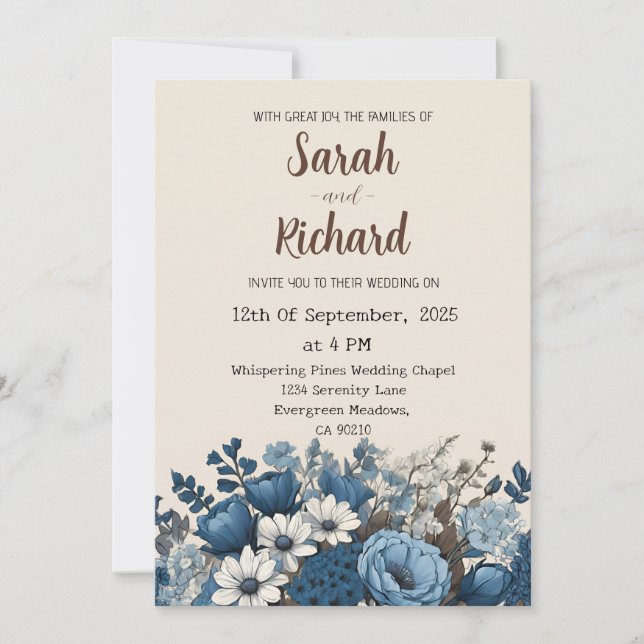 Invitation Conception florale bleue élégante avec fond crème  (Devant)