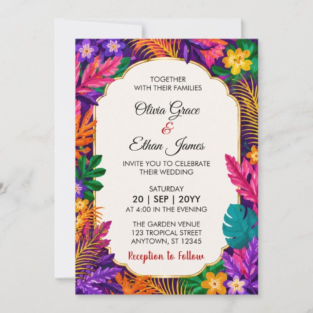 Invitation Conception Florale de Mariage aux Feuilles Tropica (Devant)