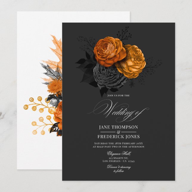 Invitation Conception florale gothique noire et orange élégan (Devant / Derrière)