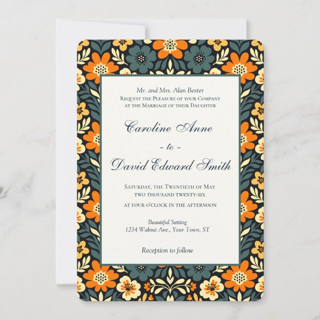 Invitation Conception florale moderne sarcelle et orange (Devant)