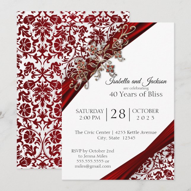 Invitation Conception florale rouge et blanc pour le 40e anni (Devant / Derrière)