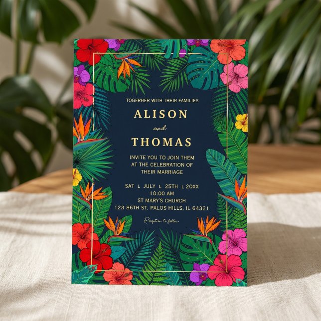 Invitation Conception Florale Tropicale | Hibiscus & Feuillag (#tropicalwedding #weddinginvitation #hibiscus #beachwedding #destinationwedding #floralinvitation )