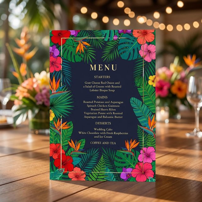 Invitation Conception Florale Tropicale | Menu Hibiscus & Feu (#tropicalwedding #weddingdinner#hibiscus #beachwedding #destinationwedding #floralimenu)