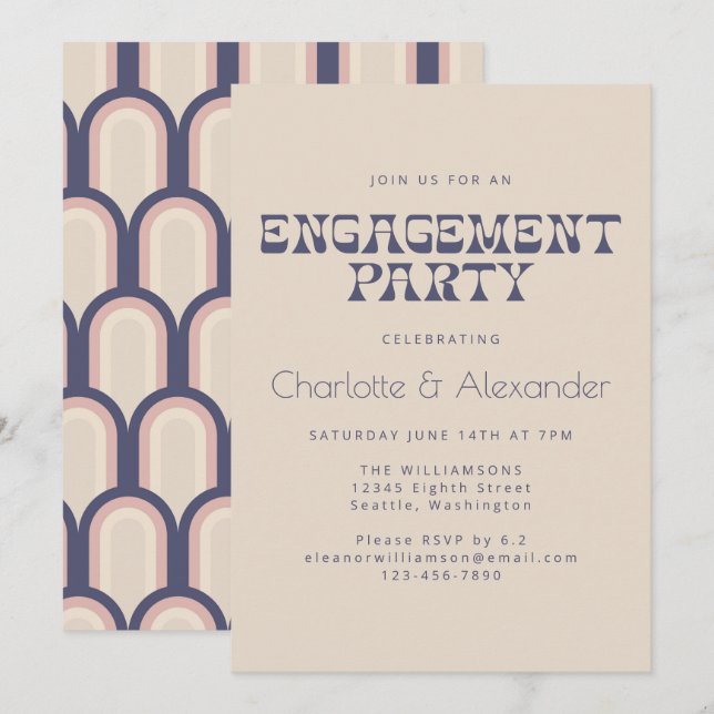 Invitation Conception Groovy Rétro 70s en bleu pour une fête  (Devant / Derrière)