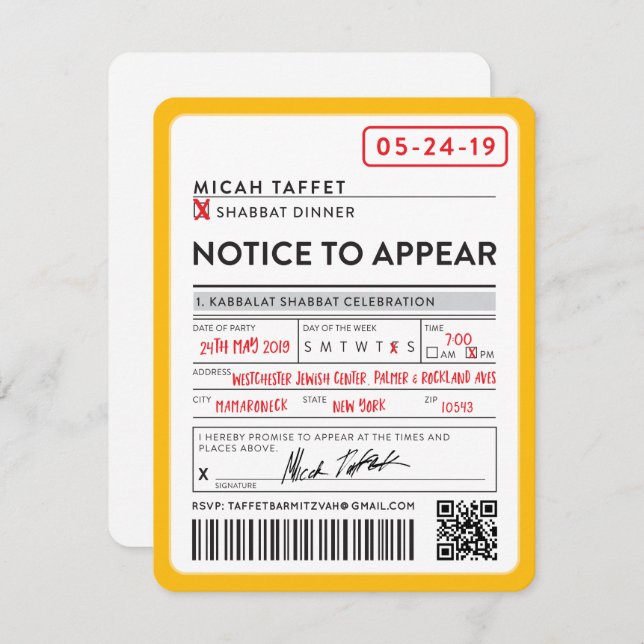 Invitation CONCEPTION PERSONNALISÉE Bar Mitzvah New York Bill (Devant / Derrière)