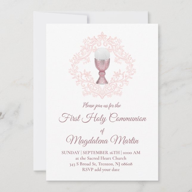 Invitation conception rose fille de première communion (Devant)