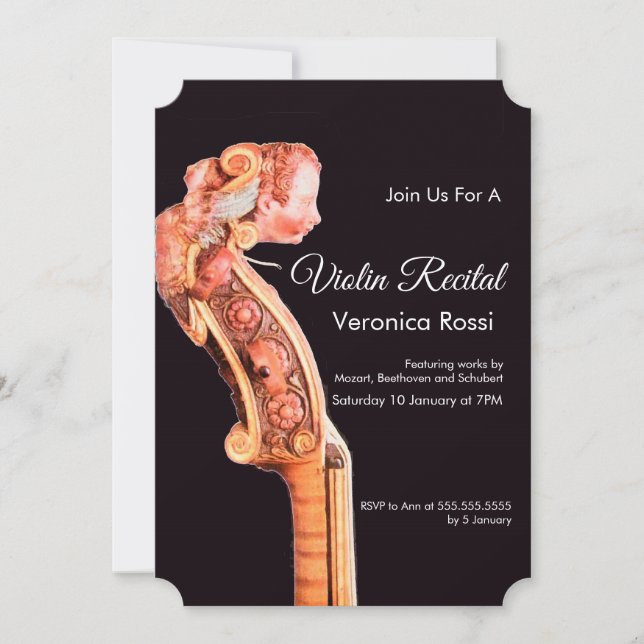 Invitation CONCERT DE MUSIQUE CLASSIQUE, Scroll de violon CON (Devant)