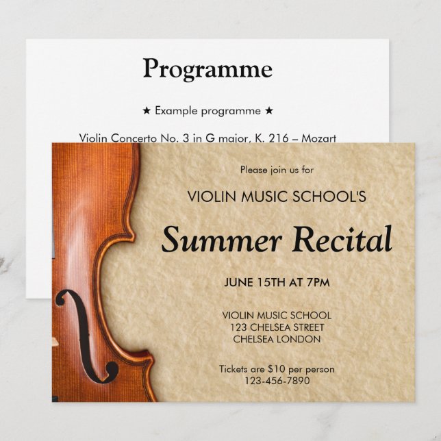 Invitation Concert de récital de violon Musique classique (Devant / Derrière)