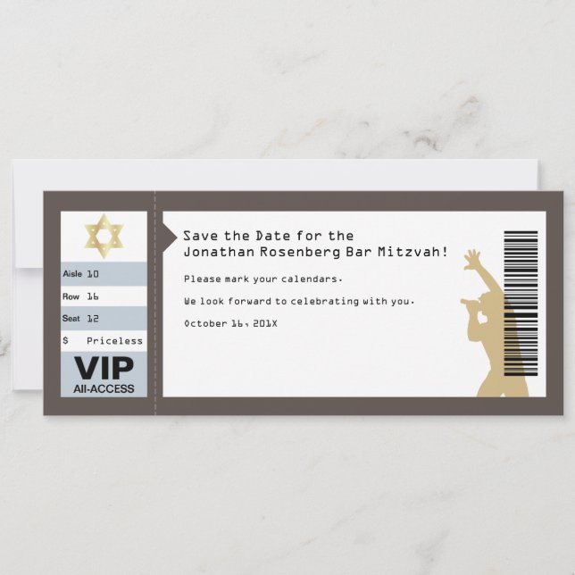 Invitation Concert Ticket Bar Mitzvah Sauvez la date en Brown (Devant)