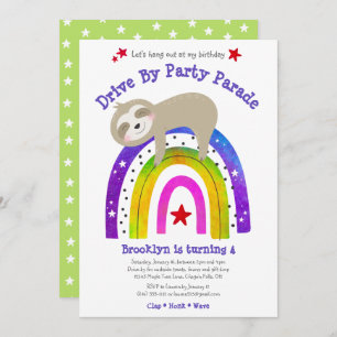 Invitation Conduire par Anniversaire Sloth Kawaii Boho Rainbo