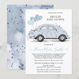 Invitation Conduire par Baby shower aquarelle Floral Blue Car