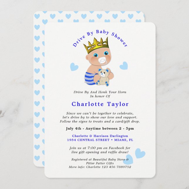 Invitation Conduire par Baby shower mignon Prince Blue Baby B (Devant / Derrière)