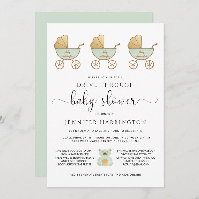 Invitation Conduire par Baby shower Retro Carriage Green (Devant / Derrière)