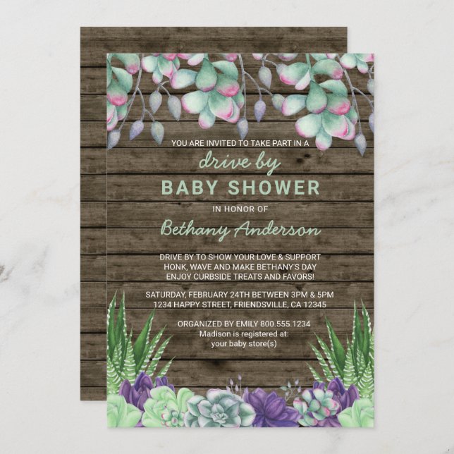 Invitation Conduire Par Baby shower Rustique Succulents (Devant / Derrière)