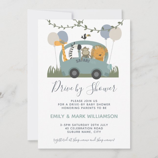 Invitation Conduire Par Baby shower Safari Animaux Blue Boy (Devant)