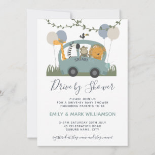 Invitation Conduire Par Baby shower Safari Animaux Blue Boy