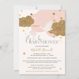 Invitation Conduire par "Fly By" Stork Pink Gold Girl Baby sh