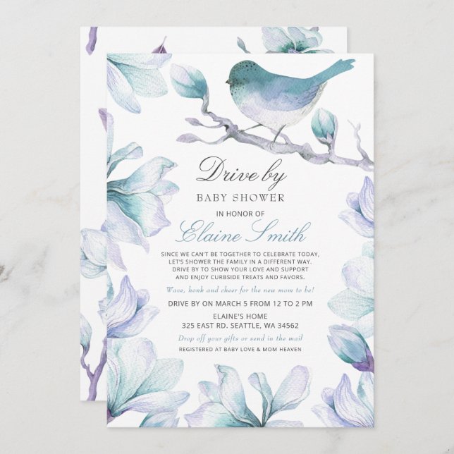 Invitation Conduire par Sweet Bird Blue Floral Boy Baby showe (Devant / Derrière)