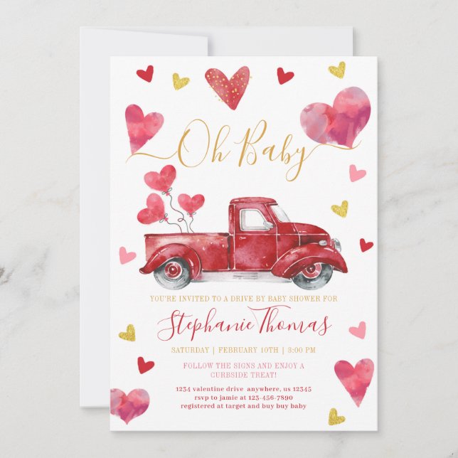 Invitation Conduire par Valentine Baby shower avec Coeurs (Devant)