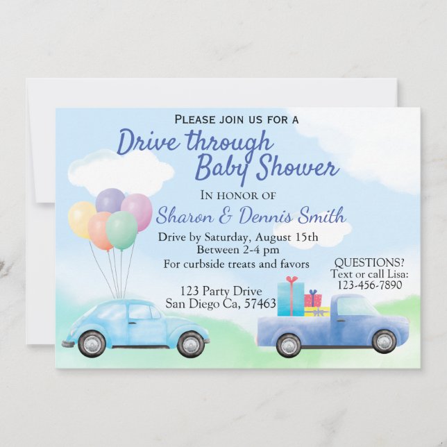 Invitation Conduire par Watercolor Baby shower de voiture pou (Devant)