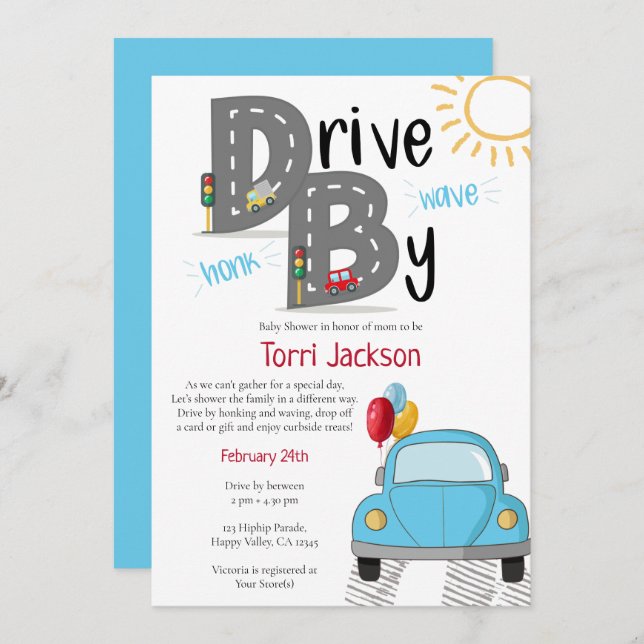 Invitation Conduisez par Baby shower en voiture bleue pour le (Devant / Derrière)
