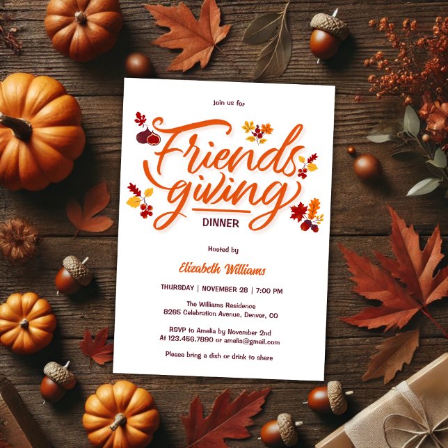 Invitation Conduite Automne Moderne Conduit Soirée Amicale (Modern Fall Leaves Friendsgiving Dinner Party Invitation)