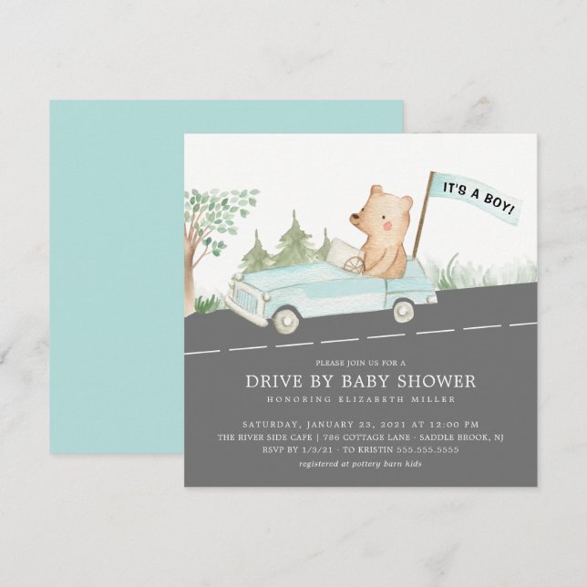 Invitation Conduite Cute Par Bear Boys Baby shower (Devant / Derrière)