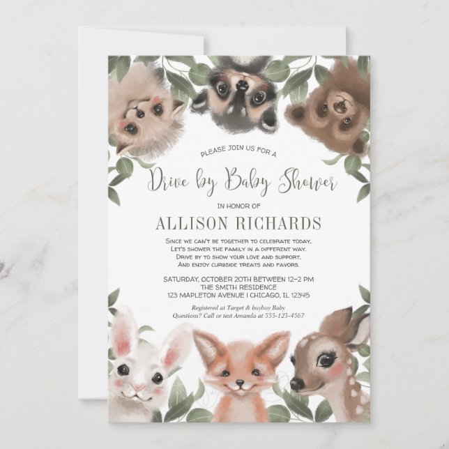 Invitation Conduite par baby shower boisé animaux verdure (Devant)