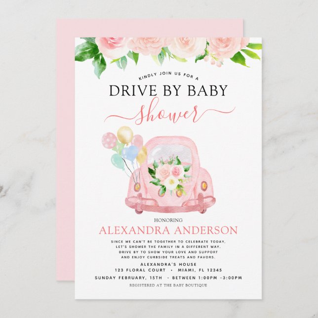 Invitation Conduite Par Baby shower Floral Rose (Devant / Derrière)