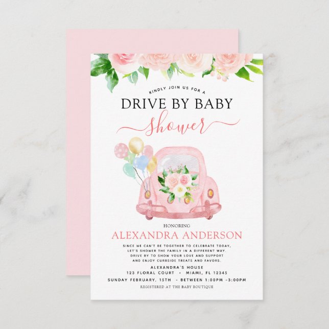 Invitation Conduite Par Baby shower Floral Rose (Devant / Derrière)