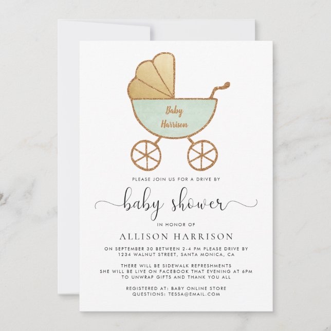 Invitation Conduite Par Baby shower Retro Carriage Mint Green (Devant)