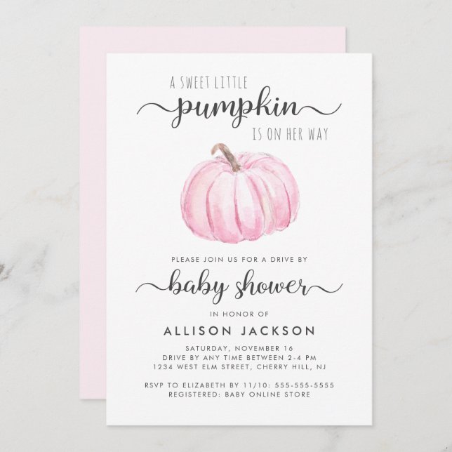 Invitation Conduite Par Citrouille Rose Aquarelle Bébé Fille  (Devant / Derrière)