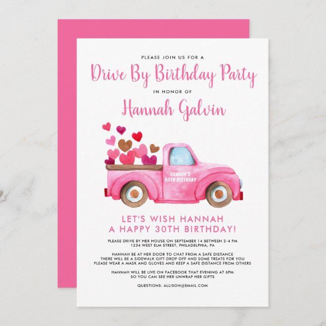 Invitation Conduite par fête d'anniversaire Trucload of Heart (Devant / Derrière)