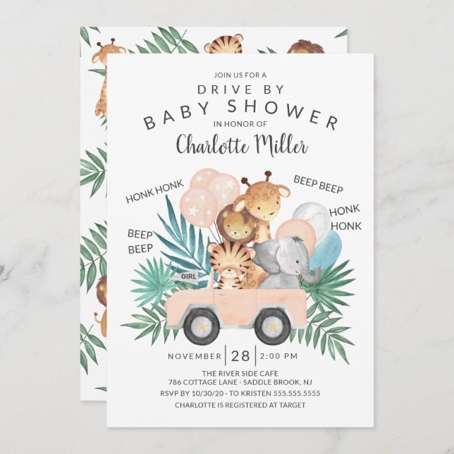 Invitation Conduite Par Jungle Animals Baby shower Filles (Devant / Derrière)