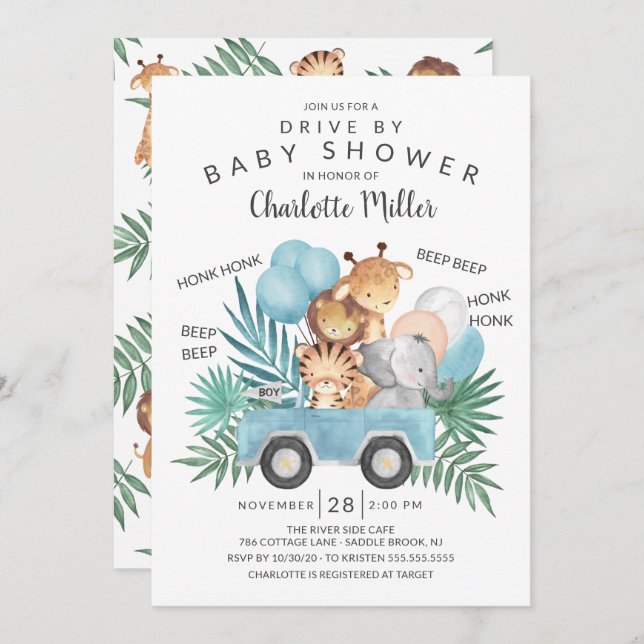 Invitation Conduite Par Jungle Animaux Baby shower Garçons (Devant / Derrière)