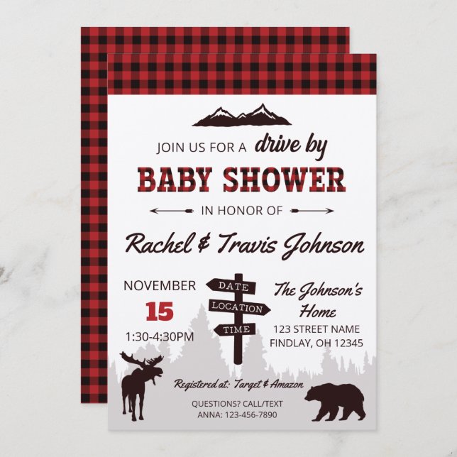 Invitation Conduite Par Red Buffalo Plaid Baby shower (Devant / Derrière)