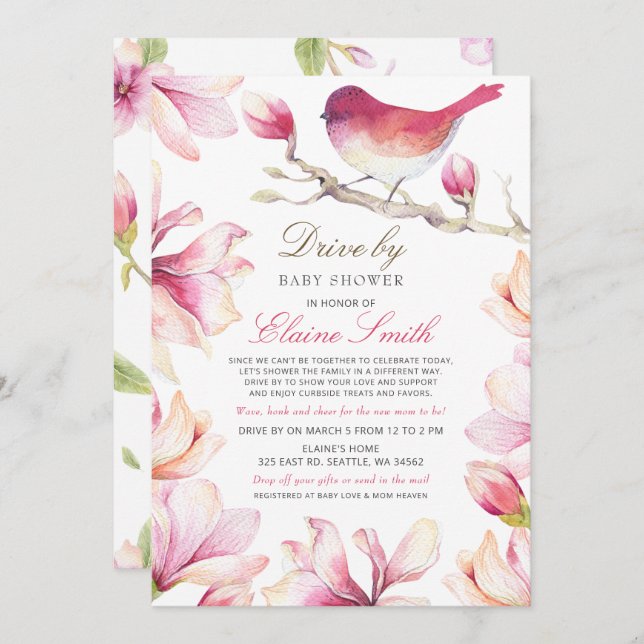Invitation Conduite par Sweet Bird rose Floral Girl Baby show (Devant / Derrière)
