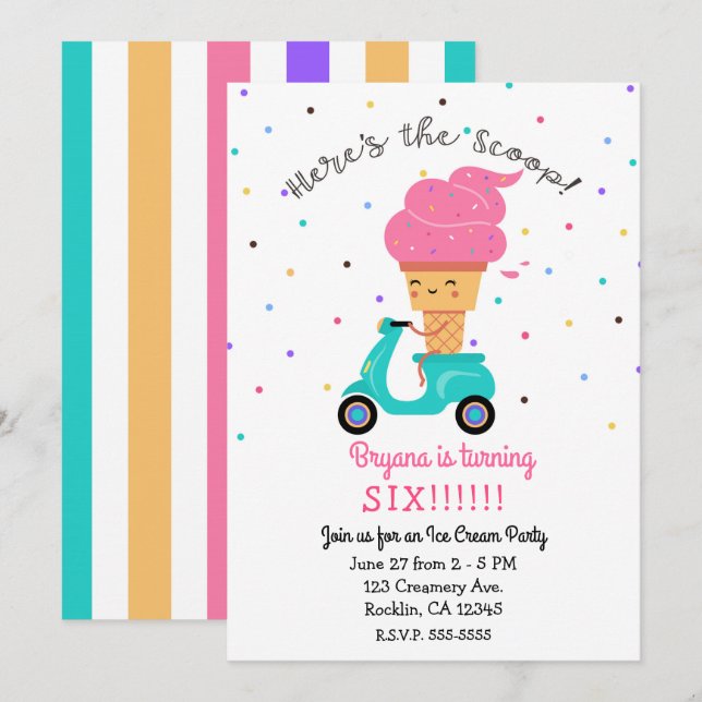 Invitation Cône de fraise mignon, glace d'été pour une fête (Devant / Derrière)