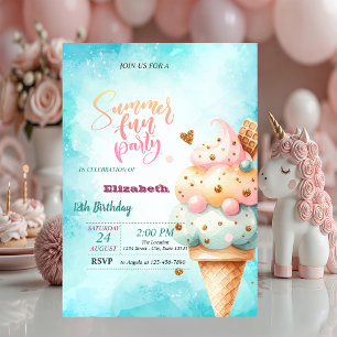 Invitation Cône de glace coloré Fête d'anniversaire d'été