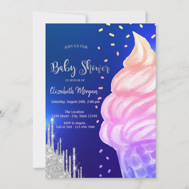 Invitation Cône de glace Confettis Bleu Royal Baby Shower (Devant)